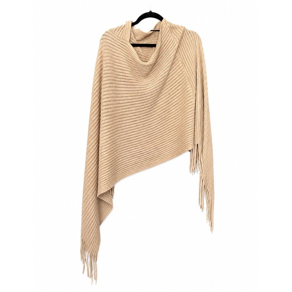 XXL Boutique Knit Fringe Poncho Sweater Wrap – Beige